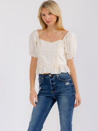 WOMEN'S SHORT PUFF SLEEVE SMOCK STITCHED DETAILED BLOUSE