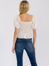 WOMEN'S SHORT PUFF SLEEVE SMOCK STITCHED DETAILED BLOUSE