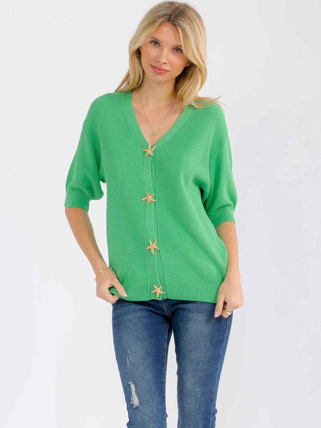 WOMEN'S SHORT SLEEVE BUTTON CLOSURE SWEATER BLOUSE