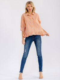 WOMEN'S 3/4 SLEEVE BUTTON UP RUFFLE BOTTOM HEM FRONT POCKET COLORBLOCK STRIPES BLOUSE