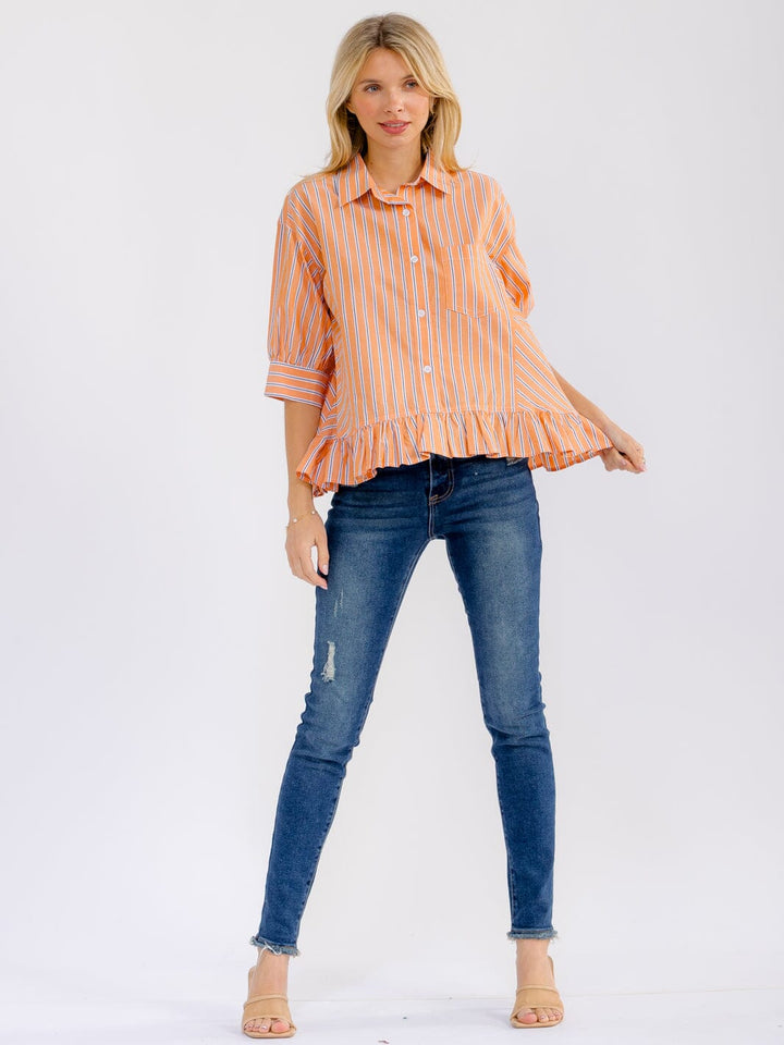 WOMEN'S 3/4 SLEEVE BUTTON UP RUFFLE BOTTOM HEM FRONT POCKET COLORBLOCK STRIPES BLOUSE