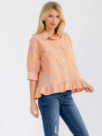 WOMEN'S 3/4 SLEEVE BUTTON UP RUFFLE BOTTOM HEM FRONT POCKET COLORBLOCK STRIPES BLOUSE