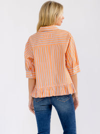WOMEN'S 3/4 SLEEVE BUTTON UP RUFFLE BOTTOM HEM FRONT POCKET COLORBLOCK STRIPES BLOUSE