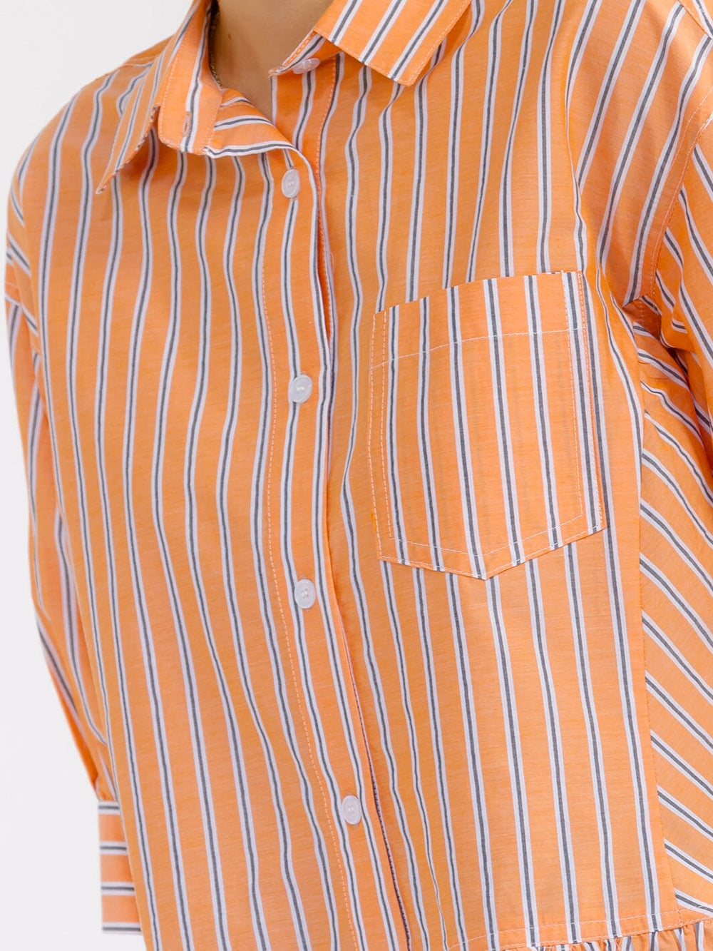 WOMEN'S 3/4 SLEEVE BUTTON UP RUFFLE BOTTOM HEM FRONT POCKET COLORBLOCK STRIPES BLOUSE
