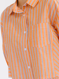 WOMEN'S 3/4 SLEEVE BUTTON UP RUFFLE BOTTOM HEM FRONT POCKET COLORBLOCK STRIPES BLOUSE
