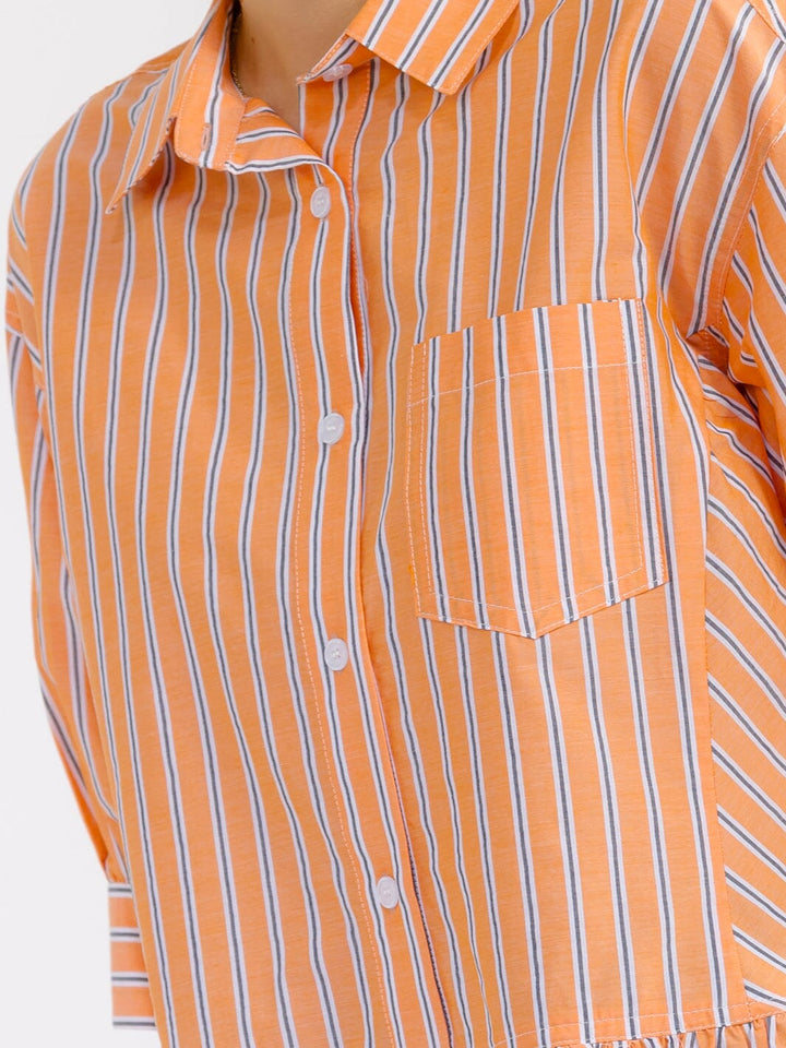 WOMEN'S 3/4 SLEEVE BUTTON UP RUFFLE BOTTOM HEM FRONT POCKET COLORBLOCK STRIPES BLOUSE