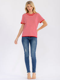 WOMEN'S SHORT SLEEVE COLORBLOCK STRIPES BLOUSE