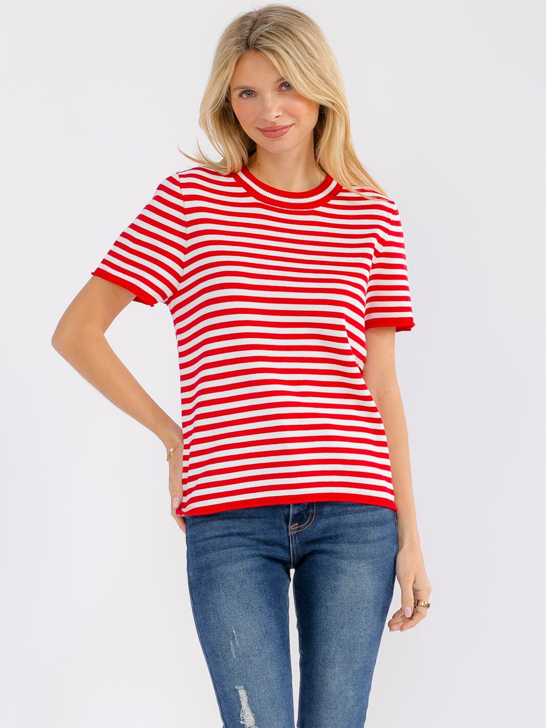 WOMEN'S SHORT SLEEVE COLORBLOCK STRIPES BLOUSE