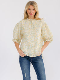 WOMEN'S SHORT PUFF SLEEVE BUTTON UP FLORAL STITCHED BLOUSE
