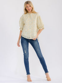 WOMEN'S SHORT PUFF SLEEVE BUTTON UP FLORAL STITCHED BLOUSE
