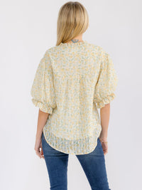 WOMEN'S SHORT PUFF SLEEVE BUTTON UP FLORAL STITCHED BLOUSE