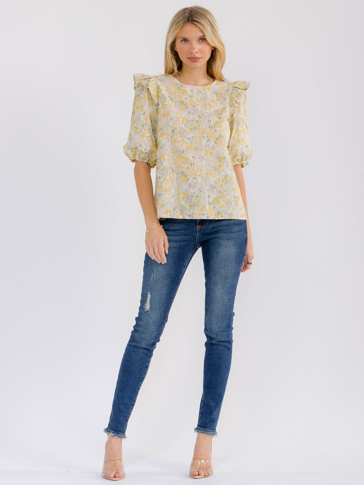 WOMEN'S SHORT PUFF SLEEVE RUFFLE FLORAL EMBROIDERY BLOUSE