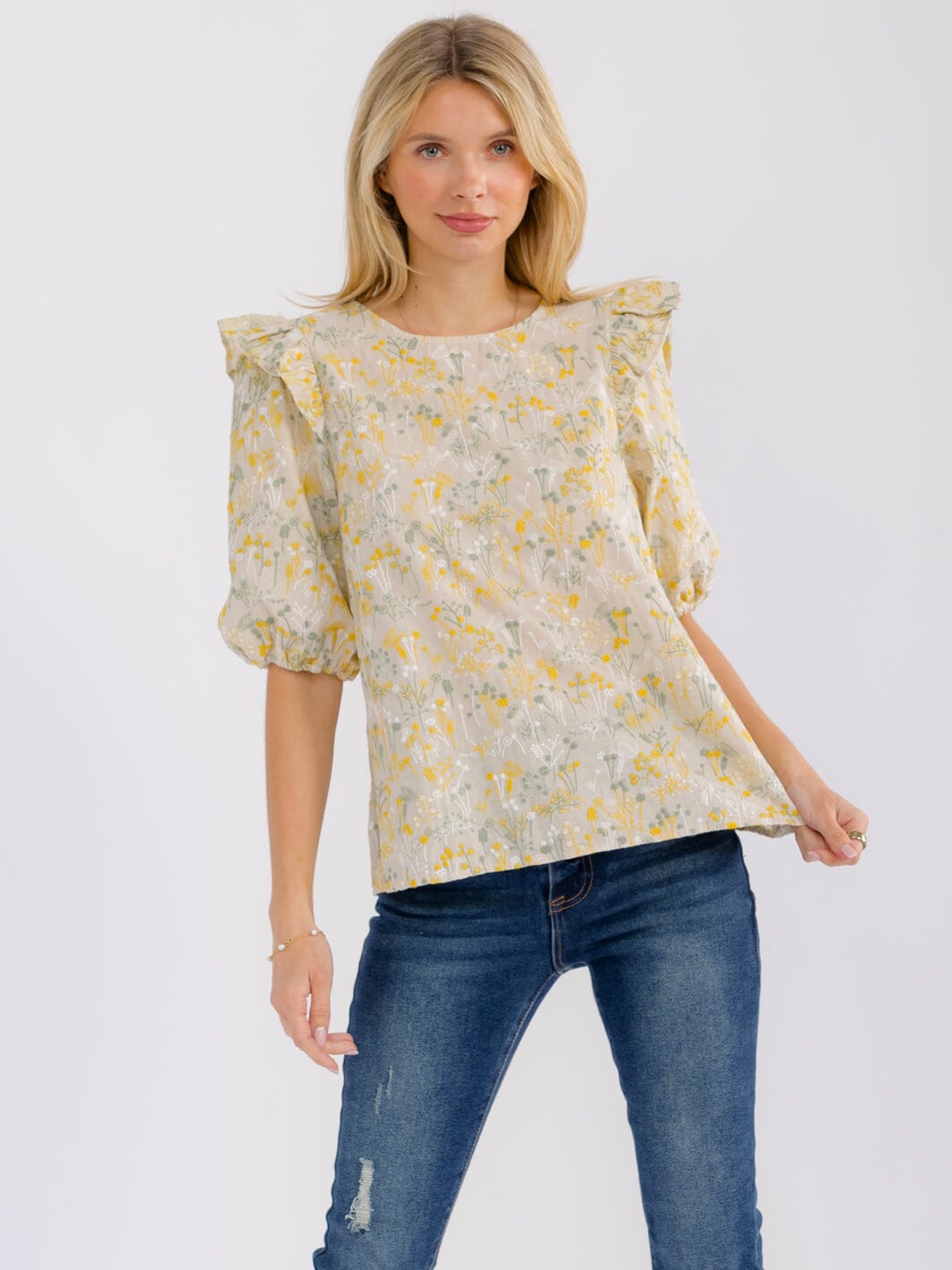 WOMEN'S SHORT PUFF SLEEVE RUFFLE FLORAL EMBROIDERY BLOUSE