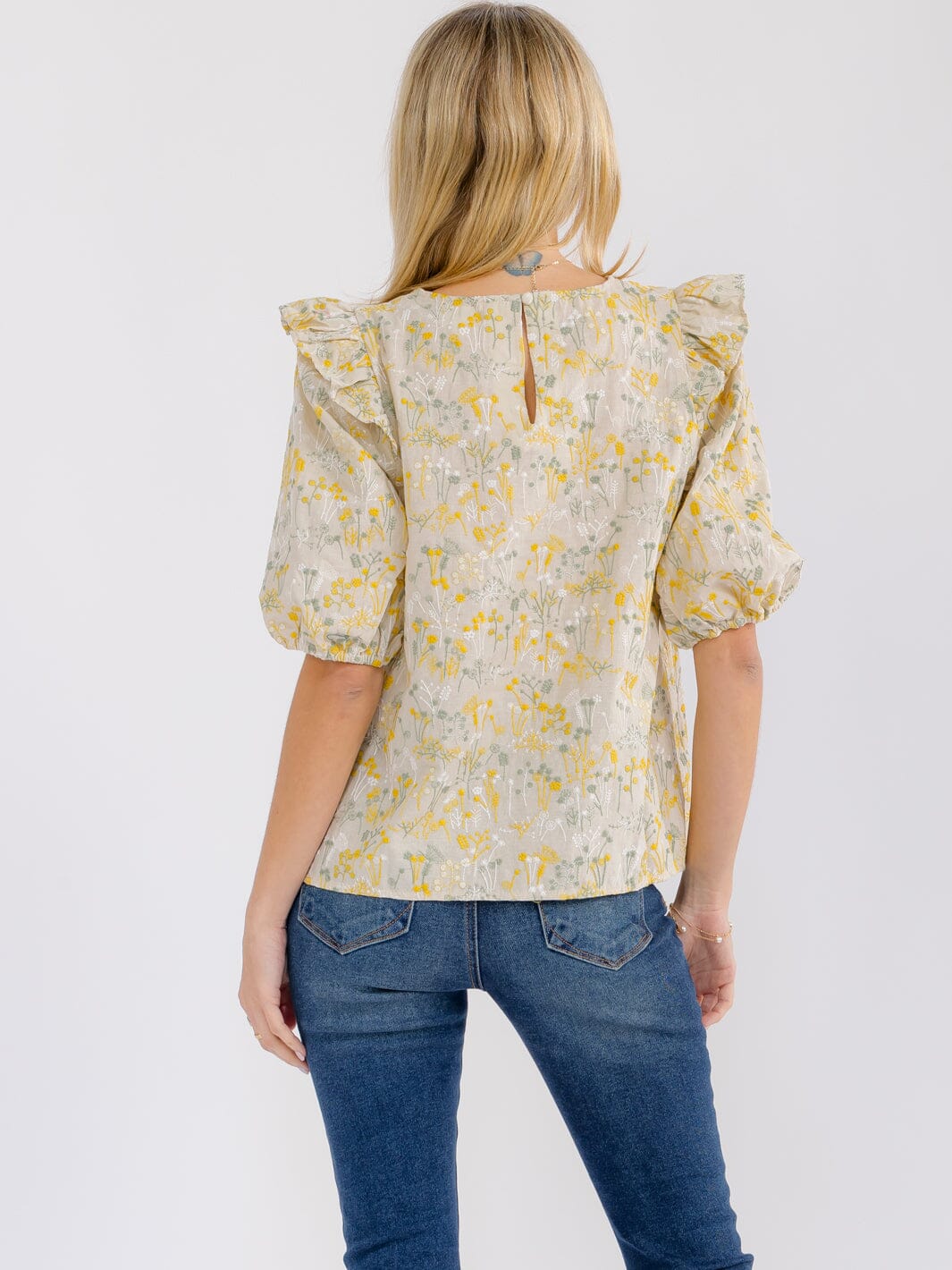 WOMEN'S SHORT PUFF SLEEVE RUFFLE FLORAL EMBROIDERY BLOUSE
