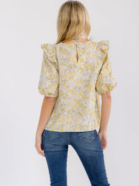 WOMEN'S SHORT PUFF SLEEVE RUFFLE FLORAL EMBROIDERY BLOUSE