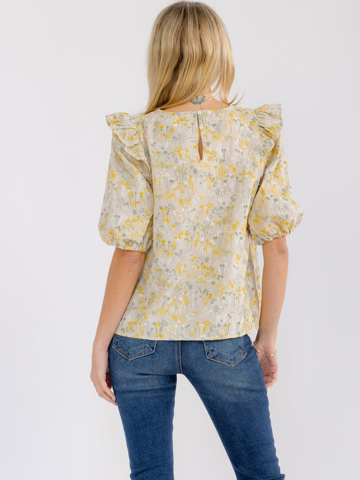 WOMEN'S SHORT PUFF SLEEVE RUFFLE FLORAL EMBROIDERY BLOUSE