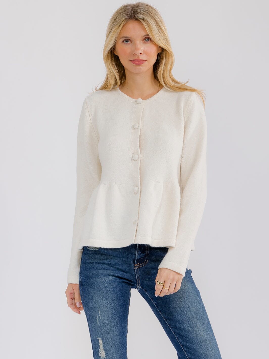 WOMEN'S LONG SLEEVE BUTTON UP PEPLUM SWEATER TOP