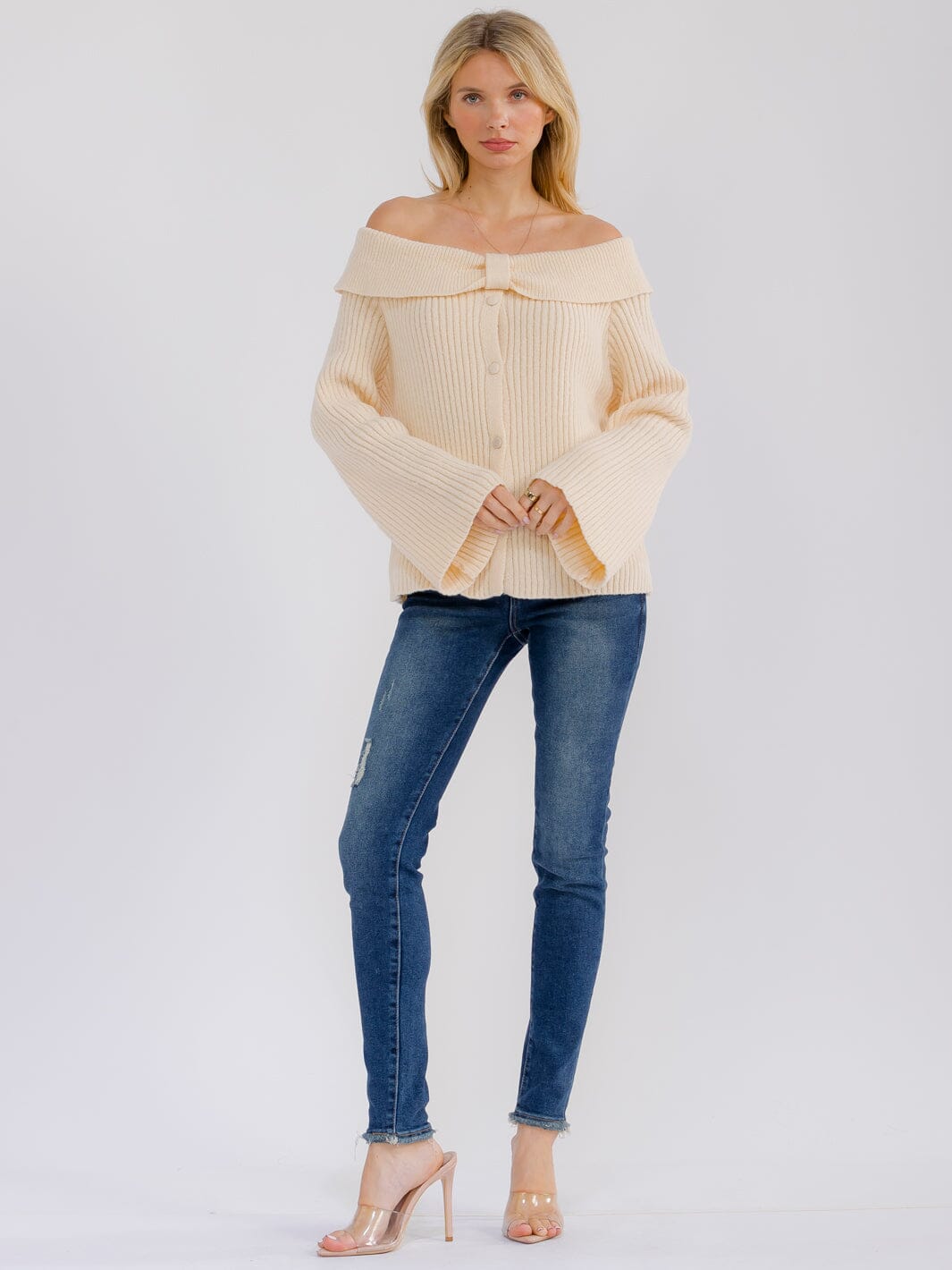 WOMEN'S LONG BELL SLEEVE OFF SHOULDER BUTTON UP SWEATER TOP