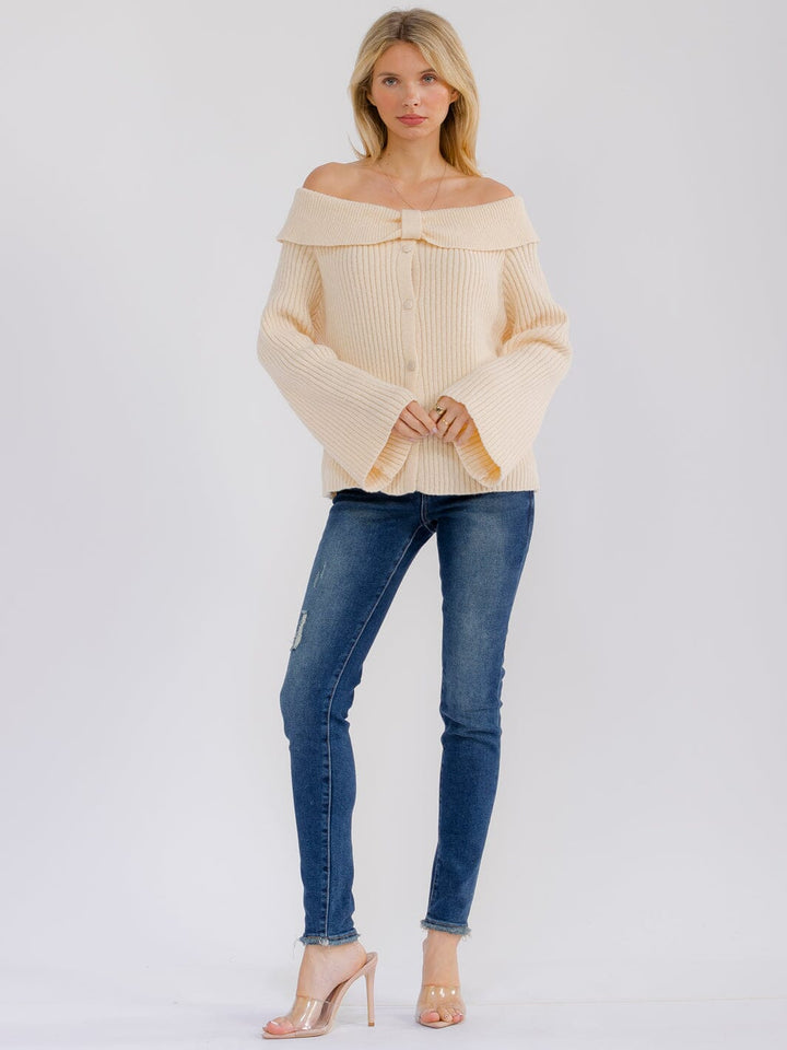 WOMEN'S LONG BELL SLEEVE OFF SHOULDER BUTTON UP SWEATER TOP