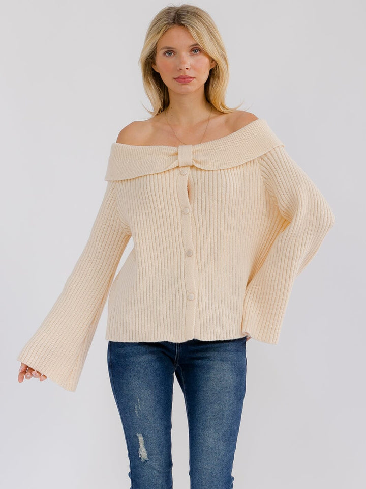 WOMEN'S LONG BELL SLEEVE OFF SHOULDER BUTTON UP SWEATER TOP