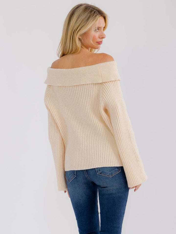 WOMEN'S LONG BELL SLEEVE OFF SHOULDER BUTTON UP SWEATER TOP