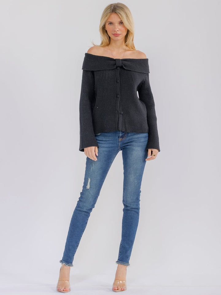 WOMEN'S LONG BELL SLEEVE OFF SHOULDER BUTTON UP SWEATER TOP