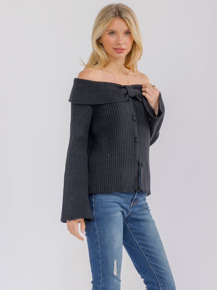 WOMEN'S LONG BELL SLEEVE OFF SHOULDER BUTTON UP SWEATER TOP