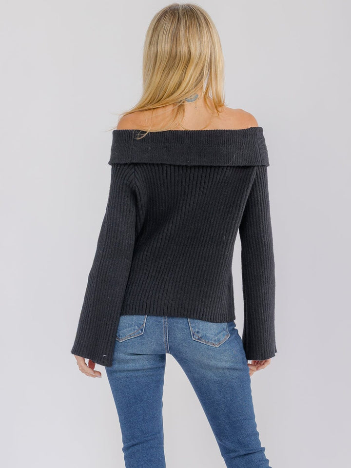 WOMEN'S LONG BELL SLEEVE OFF SHOULDER BUTTON UP SWEATER TOP