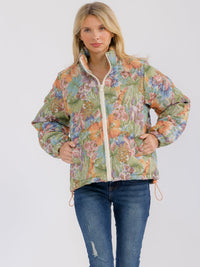 WOMEN'S LONG SLEEVE ZIPPER CLOSURE FRONT POCKETS FLORAL PRINT PUFFER JACKET