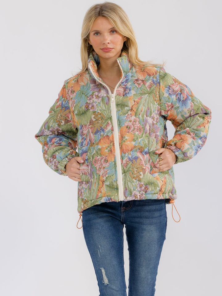 WOMEN'S LONG SLEEVE ZIPPER CLOSURE FRONT POCKETS FLORAL PRINT PUFFER JACKET