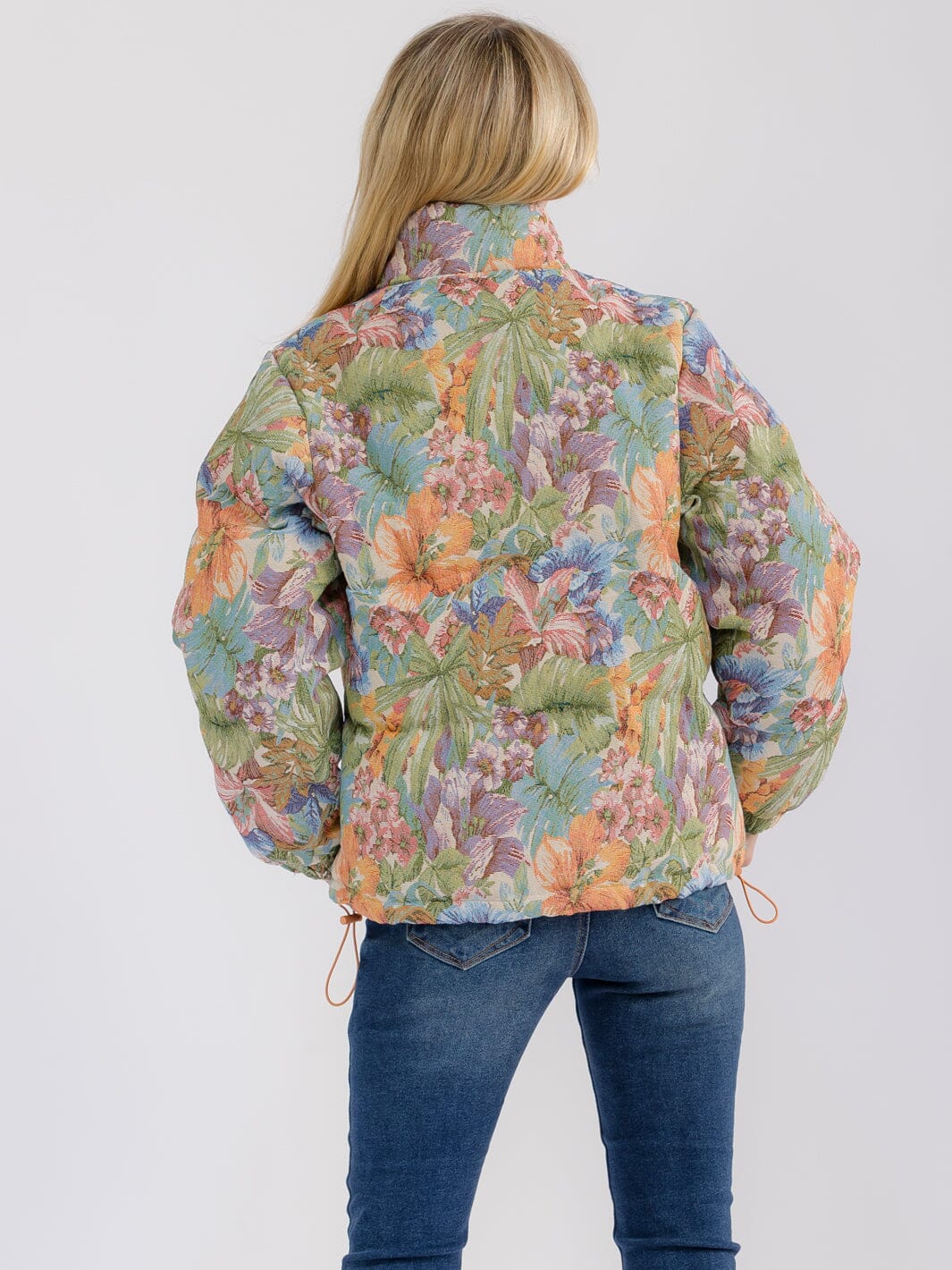 WOMEN'S LONG SLEEVE ZIPPER CLOSURE FRONT POCKETS FLORAL PRINT PUFFER JACKET