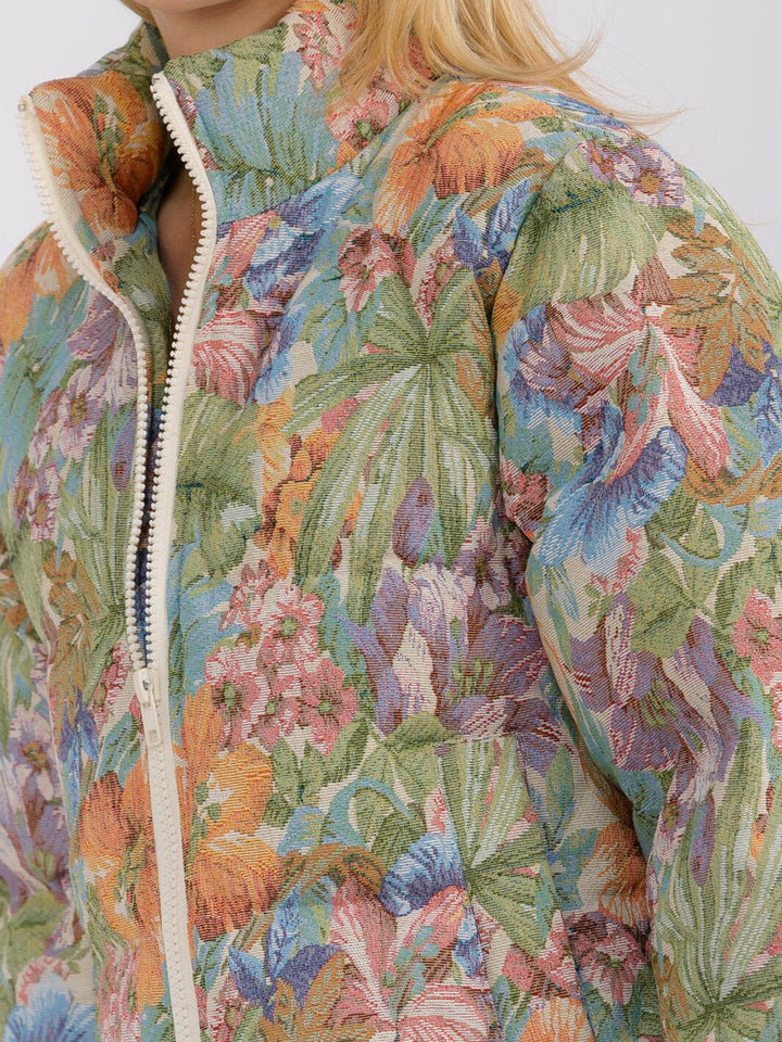 WOMEN'S LONG SLEEVE ZIPPER CLOSURE FRONT POCKETS FLORAL PRINT PUFFER JACKET