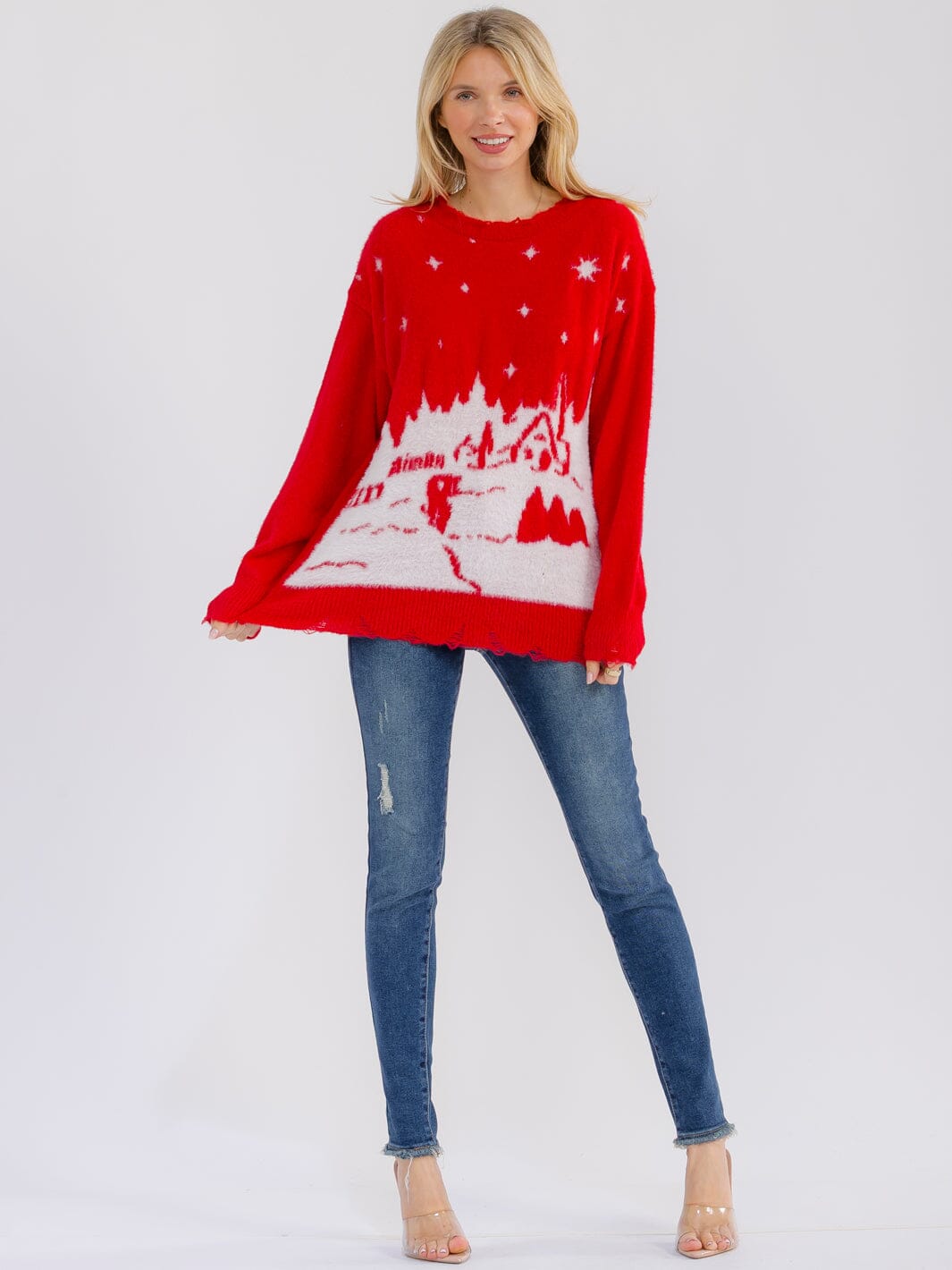 WOMEN'S LONG SLEEVE DISTRESS BOTTOM HEM GRAPHIC PULLOVER HOLIDAY SWEATER
