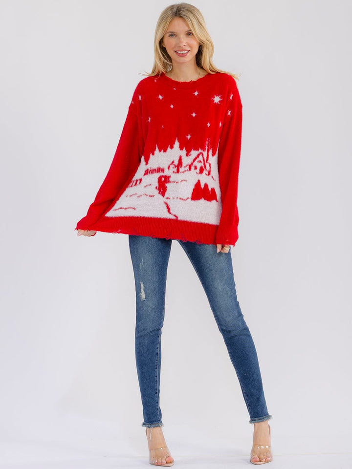 WOMEN'S LONG SLEEVE DISTRESS BOTTOM HEM GRAPHIC PULLOVER HOLIDAY SWEATER
