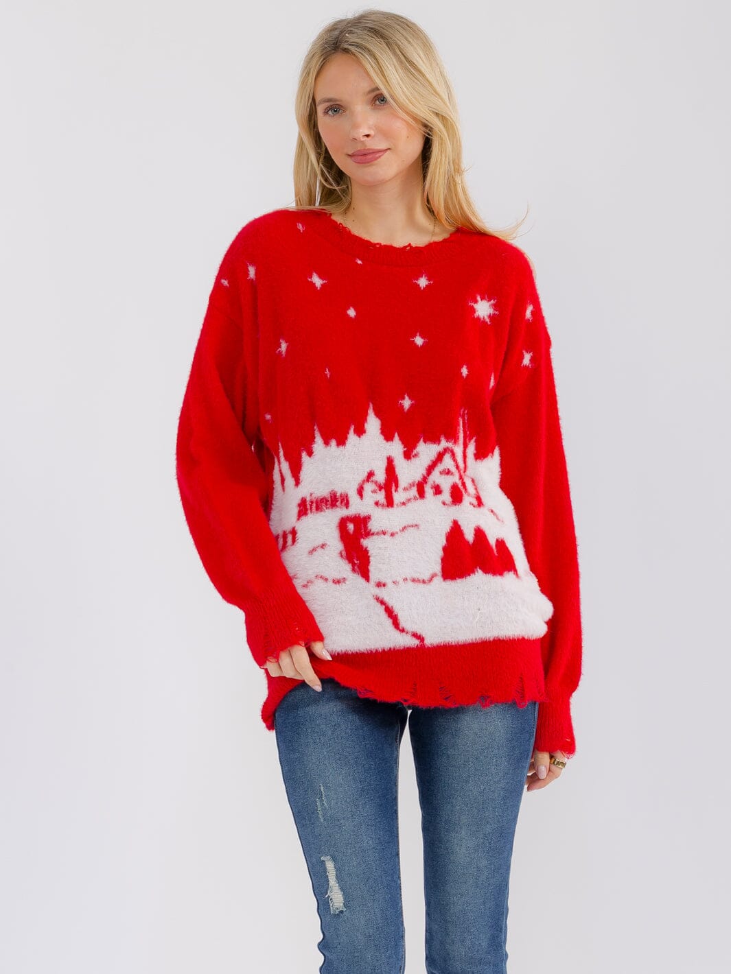 WOMEN'S LONG SLEEVE DISTRESS BOTTOM HEM GRAPHIC PULLOVER HOLIDAY SWEATER