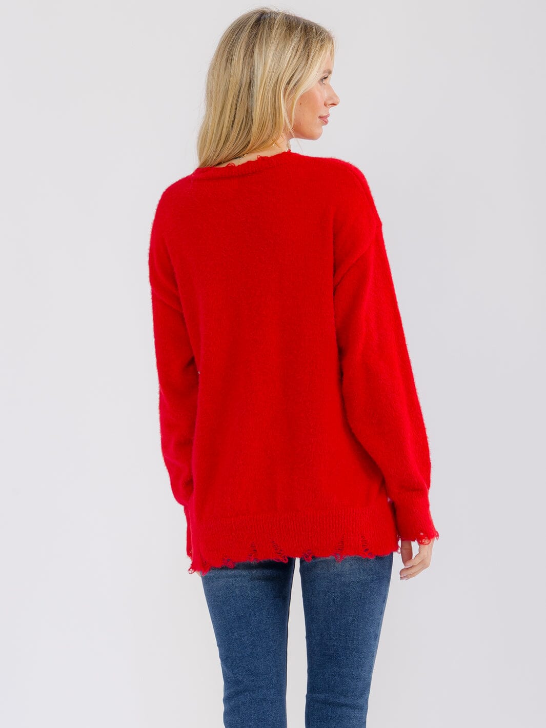 WOMEN'S LONG SLEEVE DISTRESS BOTTOM HEM GRAPHIC PULLOVER HOLIDAY SWEATER