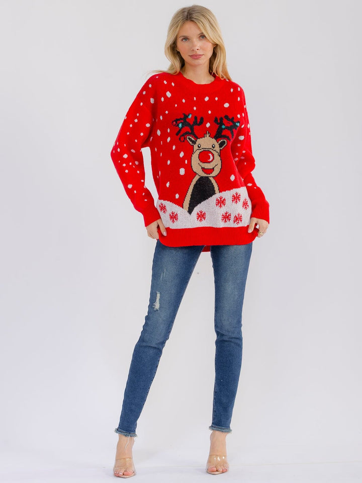 WOMEN'S LONG SLEEVE DISTRESS GRAPHIC PULLOVER HOLIDAY SWEATER