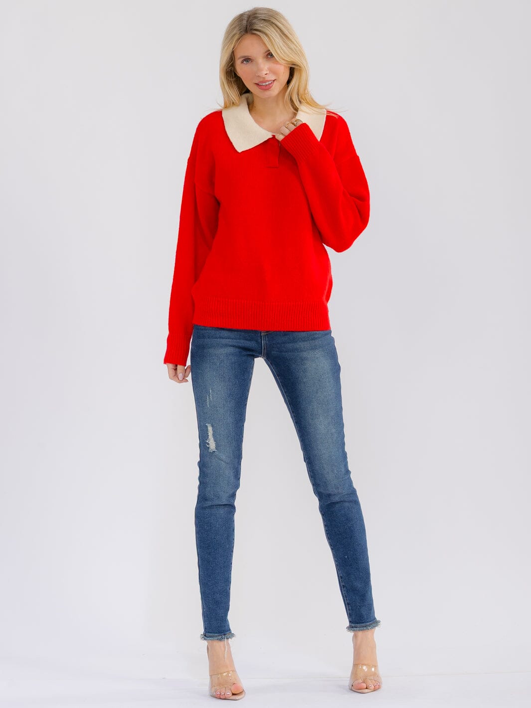 WOMEN'S LONG SLEEVE BUTTON UP COLORBLOCK SWEATER