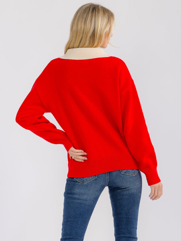 WOMEN'S LONG SLEEVE BUTTON UP COLORBLOCK SWEATER