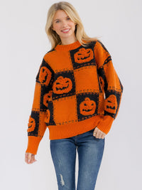 WOMEN'S LONG SLEEVE PUMPKIN PRINT PULLOVER SWEATER