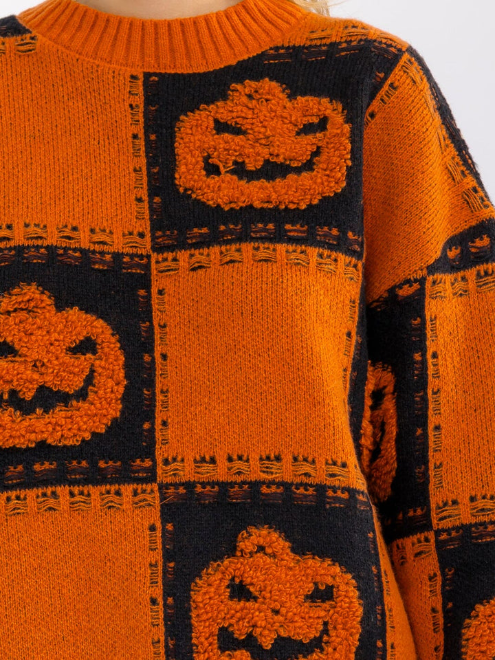 WOMEN'S LONG SLEEVE PUMPKIN PRINT PULLOVER SWEATER