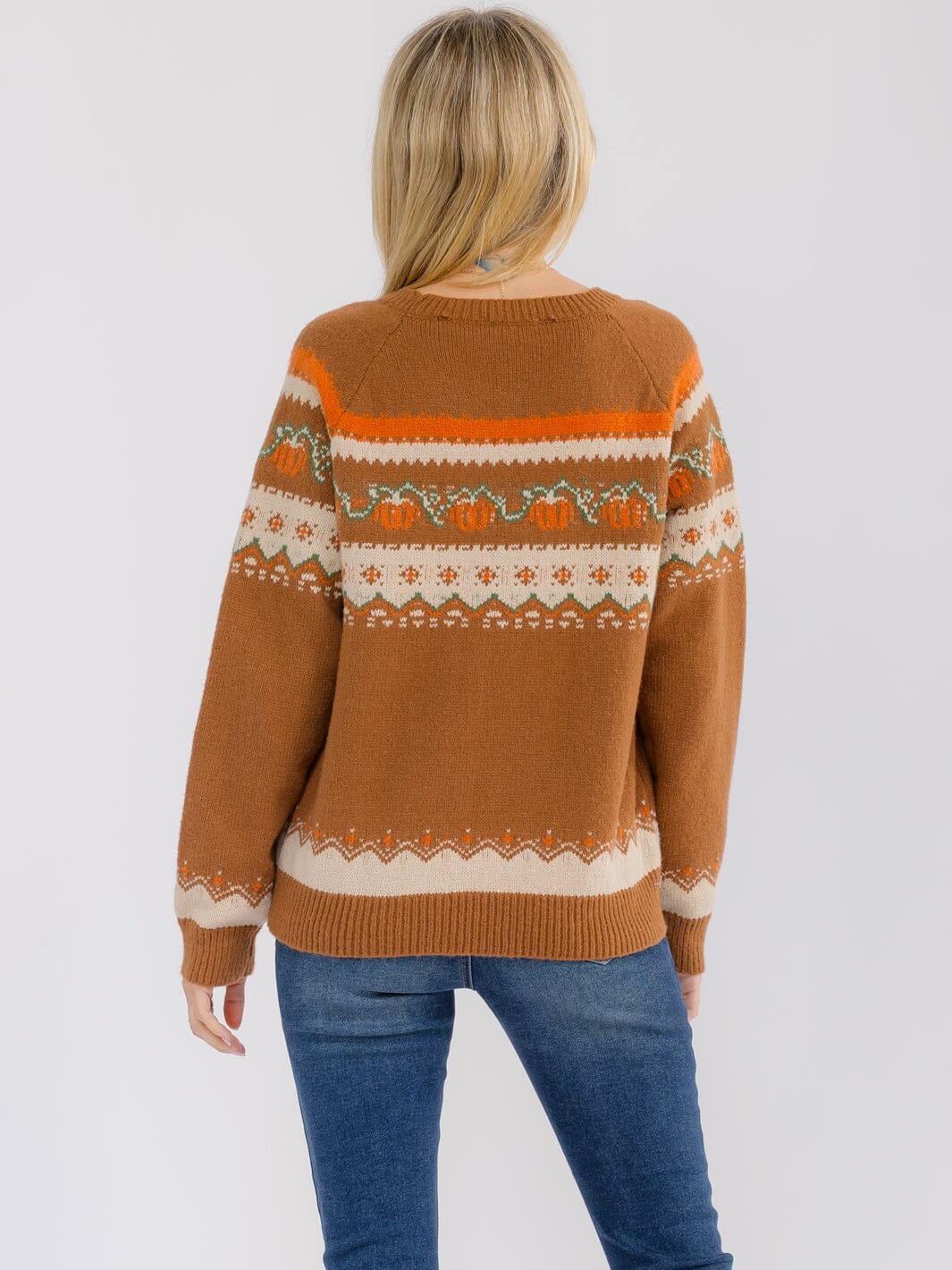 WOMEN'S LONG SLEEVE PUMPKIN MULTI PRINT PULLOVER SWEATER