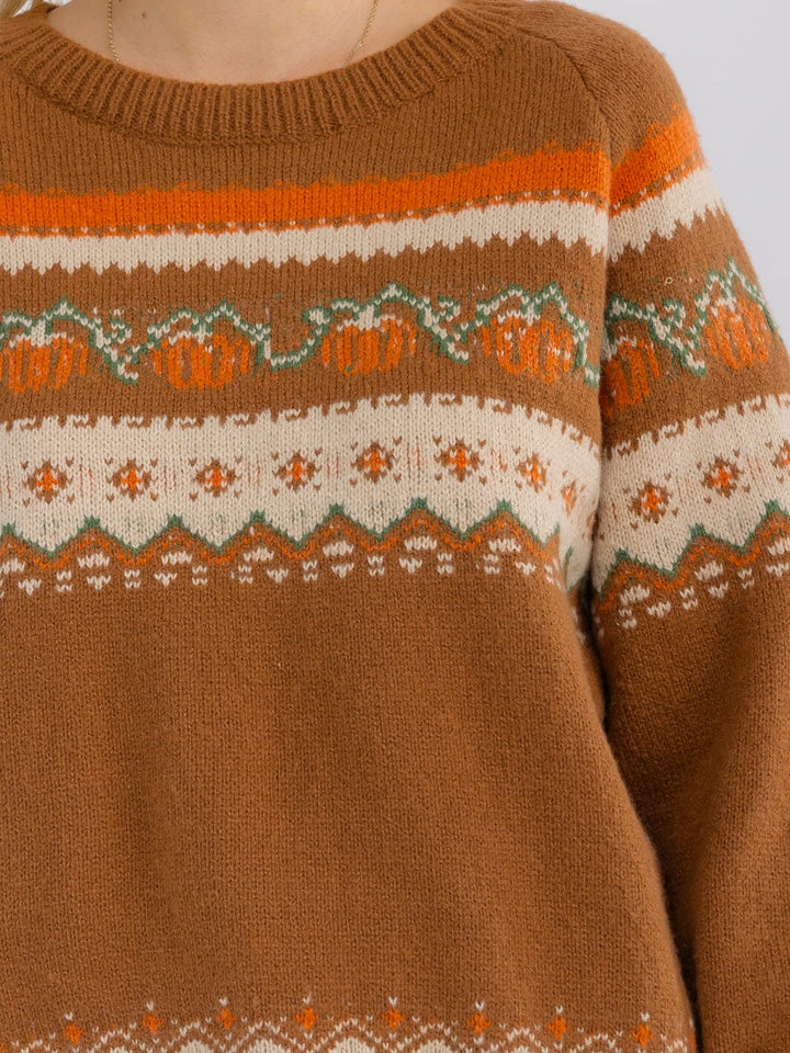 WOMEN'S LONG SLEEVE PUMPKIN MULTI PRINT PULLOVER SWEATER