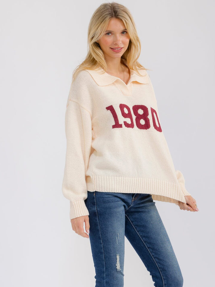 WOMEN'S LONG SLEEVE V-NECK GRAPHIC PULLOVER SWEATER