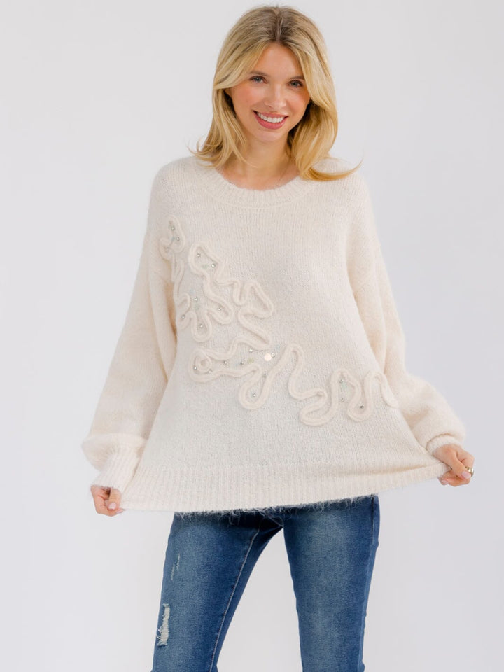 WOMEN'S LONG SLEEVE RHINESTONES DETAILED PULLOVER SWEATER