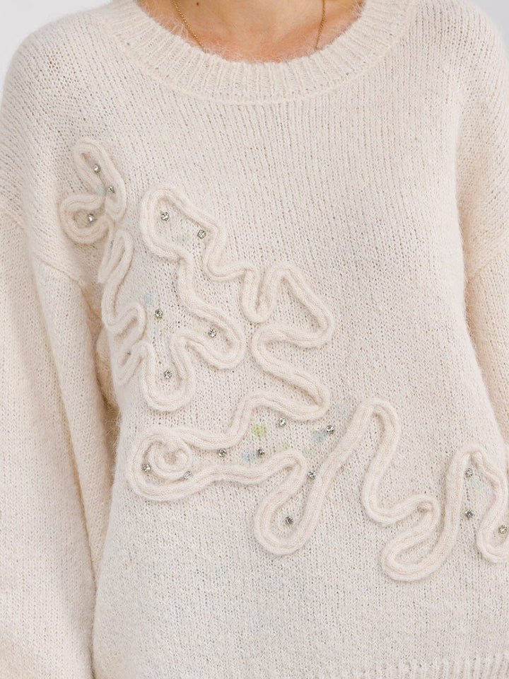 WOMEN'S LONG SLEEVE RHINESTONES DETAILED PULLOVER SWEATER