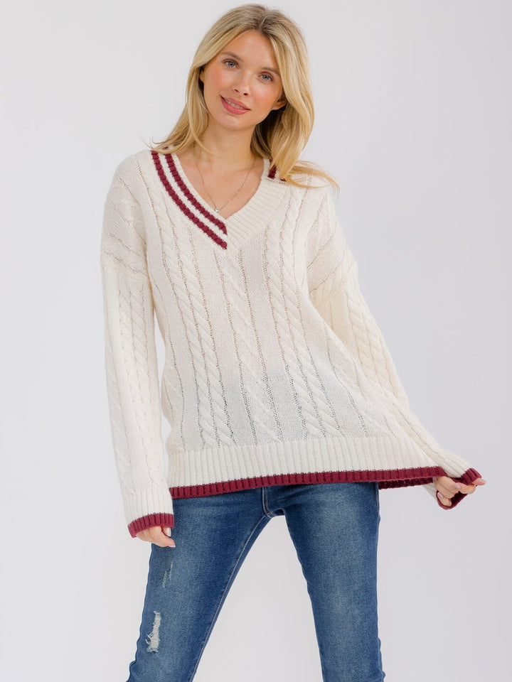 WOMEN'S LONG SLEEVE V-NECK CABLE KNITTED PULLOVER SWEATER