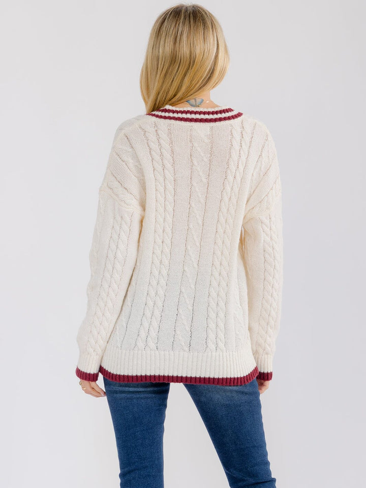 WOMEN'S LONG SLEEVE V-NECK CABLE KNITTED PULLOVER SWEATER