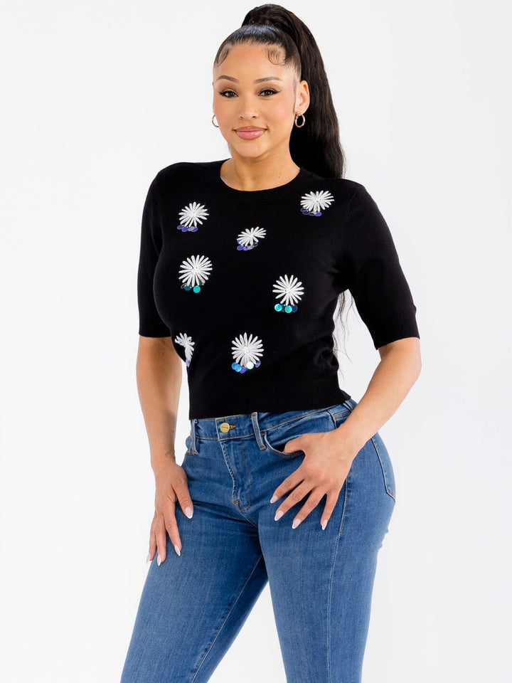 WOMEN'S SHORT SLEEVE STITCHED DETAILED RIBBED BLOUSE