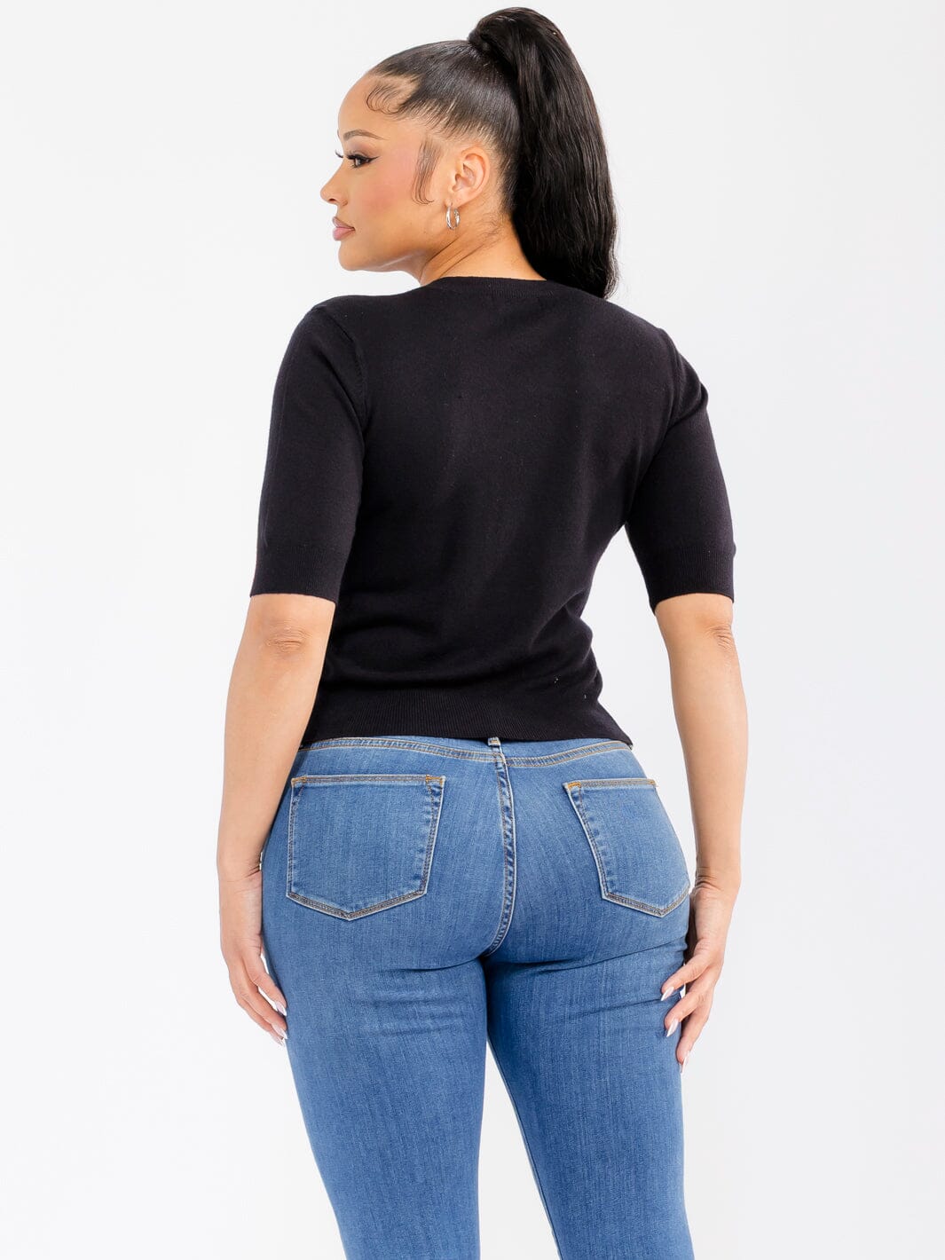 WOMEN'S SHORT SLEEVE STITCHED DETAILED RIBBED BLOUSE